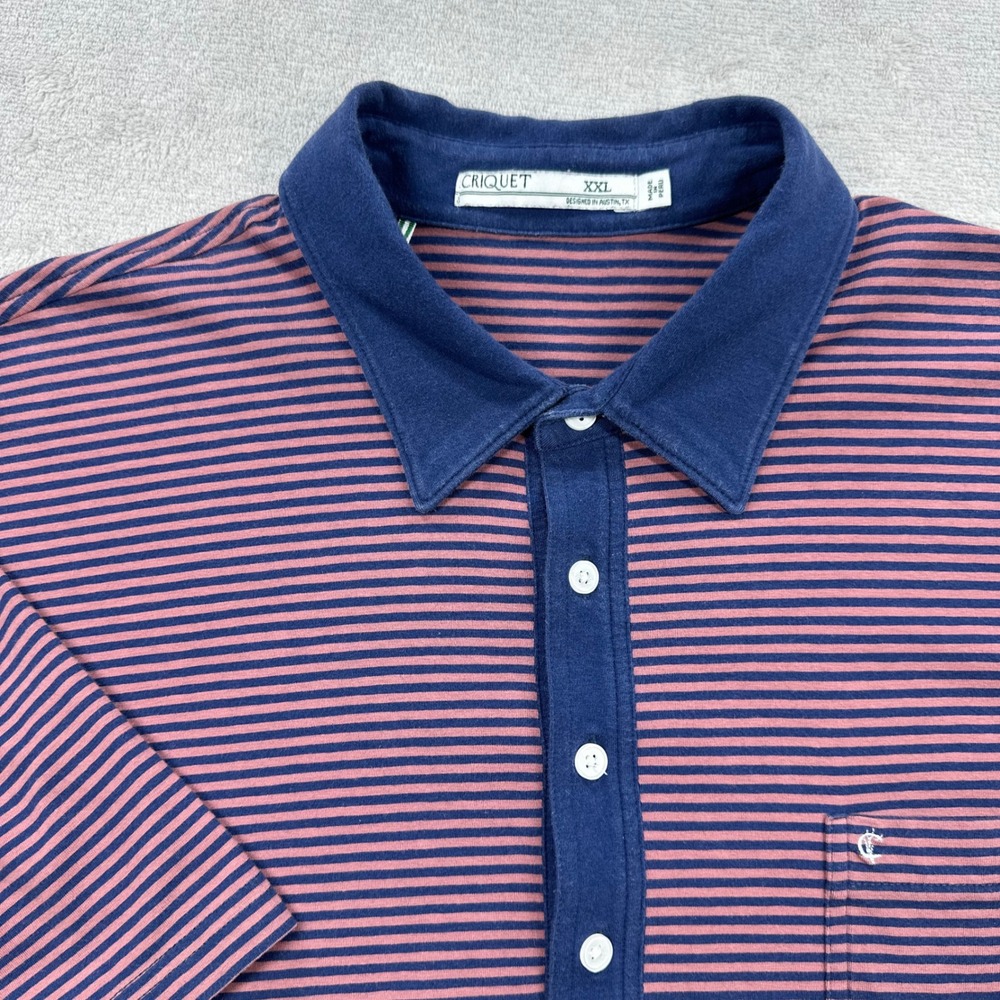 Criquet Polo Shirt Mens XXL Pink Navy Blue Striped Short Sleeve Pima Cotton Golf